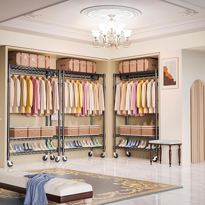 Heavy Duty Rolling Garment Rack 3 Tiers Adjustable Wire Shelving Clothes Rack with Rods and Side Hooks,Storage Closet Clothing Rack with Wheels Black 17.7" D x 47.2" W x 83.6" H