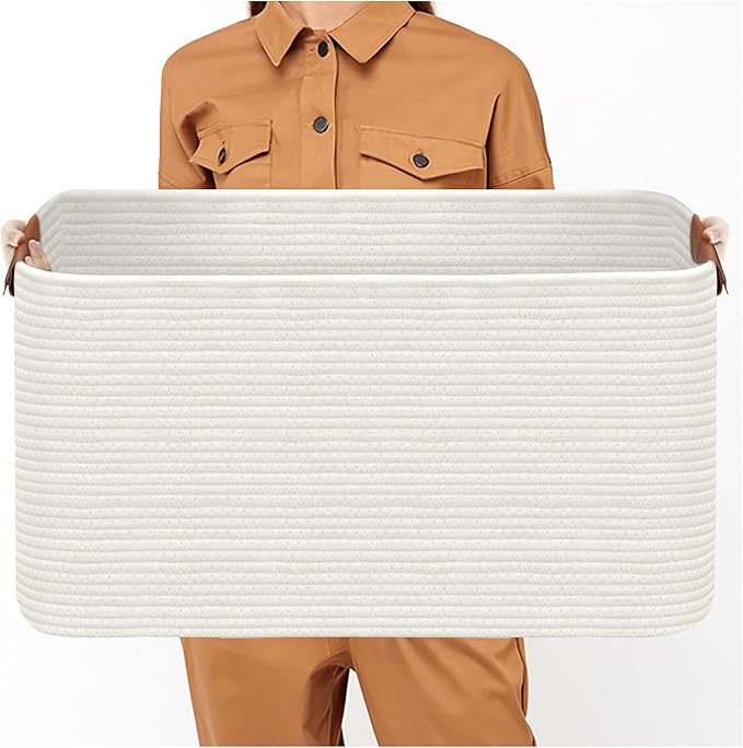 Large Collapsible Laundry Basket, Clothes Hamper for Blanket, Toy, Towels, Woven Baskets for Storage, Nursery Home Decor Living room 21.6" x 15" x 11.8" White