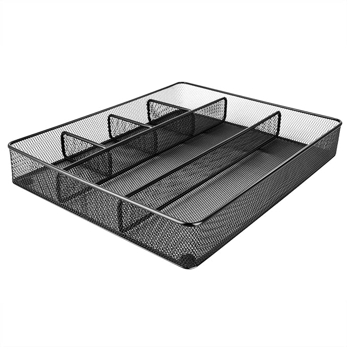 Amazon Basics Desk Drawer Organizer for Office and Home, Metal Mesh, Anti-Slip, 6 Compartments, Black