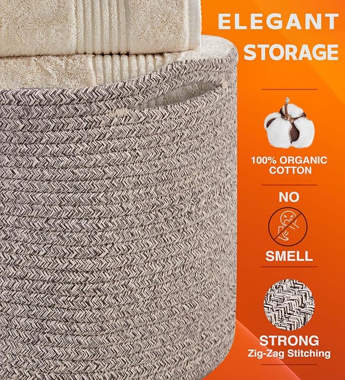 CHAT BLANC Cotton Rope Baskets for Organizing | Storage Baskets for Shelves | Rope Basket for Storage, Small Laundry Baskets, Woven Baskets for Storage, Dog Toy Bin, Baby Basket, Brown 3 Pack