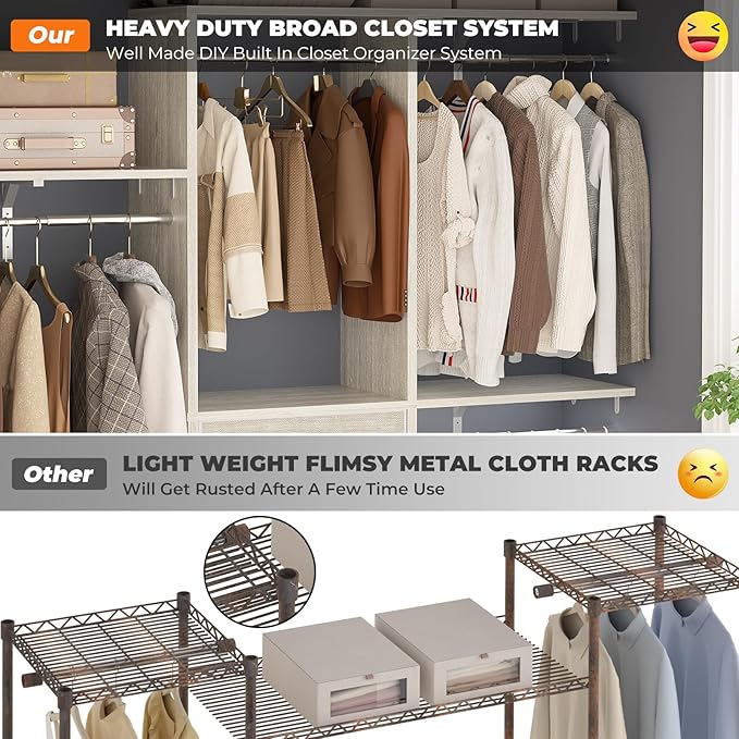 Armocity 5FT Small Closet System with 3 Fabric Drawers, 60'' Walk In Closet Organizer System With 3 Adjustable Shelves, Heavy Duty Clothes Rack Built-In Garment Rack, 59" L x 16" W x 71"H, White Oak
