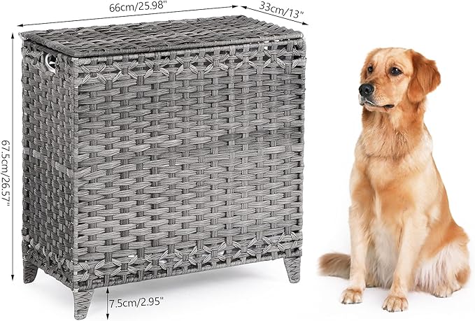 Laundry Hamper with 3 Removable Liner Bags; 132L Handwoven Rattan Laundry Basket with Lid & Heightened Feet; Clothes Hamper with Side Handles; Laundry Sorter with 3 Separate Sections (Gray)