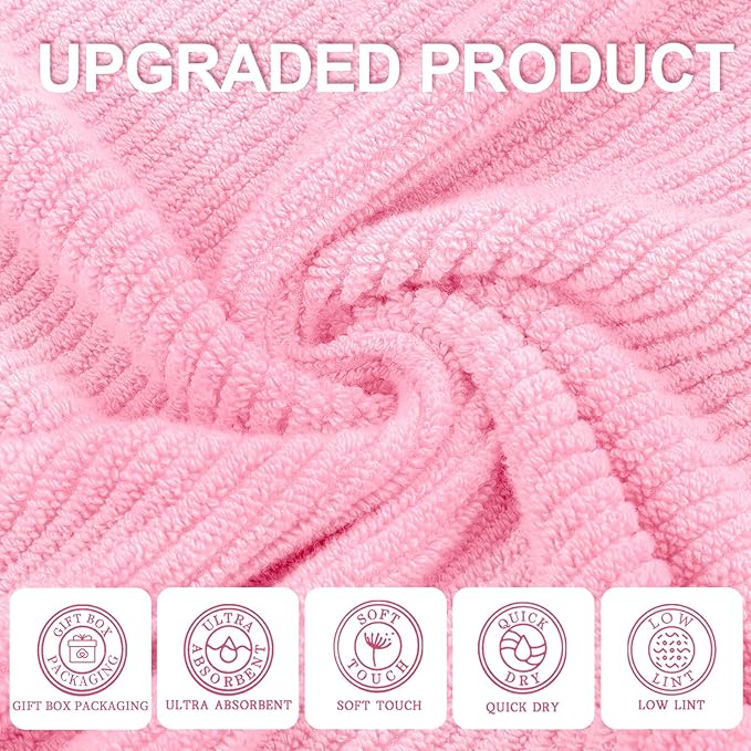 Pink Towels - 100% Cotton, Soft, Quick Dry, Lightweight, Towel Set of 6, 2 Large Bath 30" x 56", 2 Hand 18" x 28", 2 Washcloths 13" x 13", Pink Towels Bathroom Sets, Luxury Towel Gift Set
