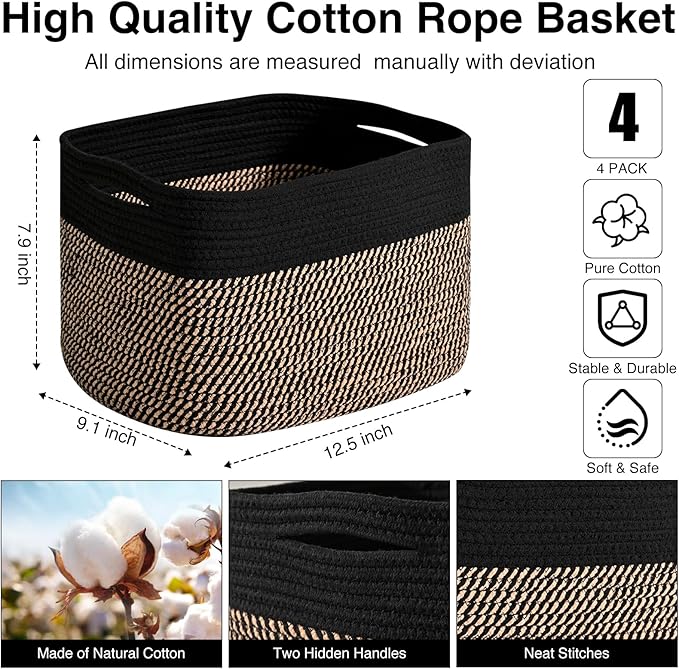 Storage Baskets for Shelves Organizing, Woven Cotton Rope Baskets for Storage, Book Basket, Decorative Shelf Basket, 12.5"Lx9.1''Wx7.9''H (4 Packs) Black & Jute