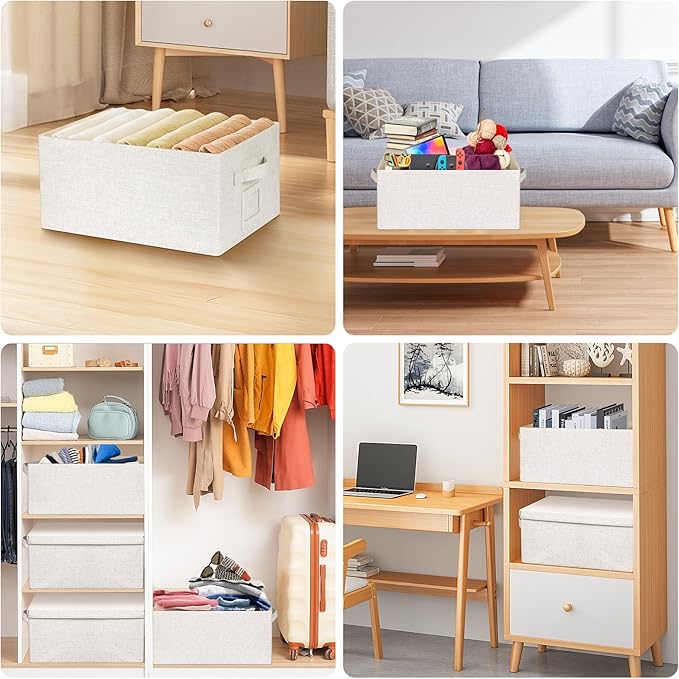 Large 17''x12'' Quart Collapsible Stackable Storage Bins with Lids, 4 Packs Off White Fabric Closet Boxes with Lids, Storage Cube Baskets Container Organizers for Bedroom Office(17''x12.2x''8'')