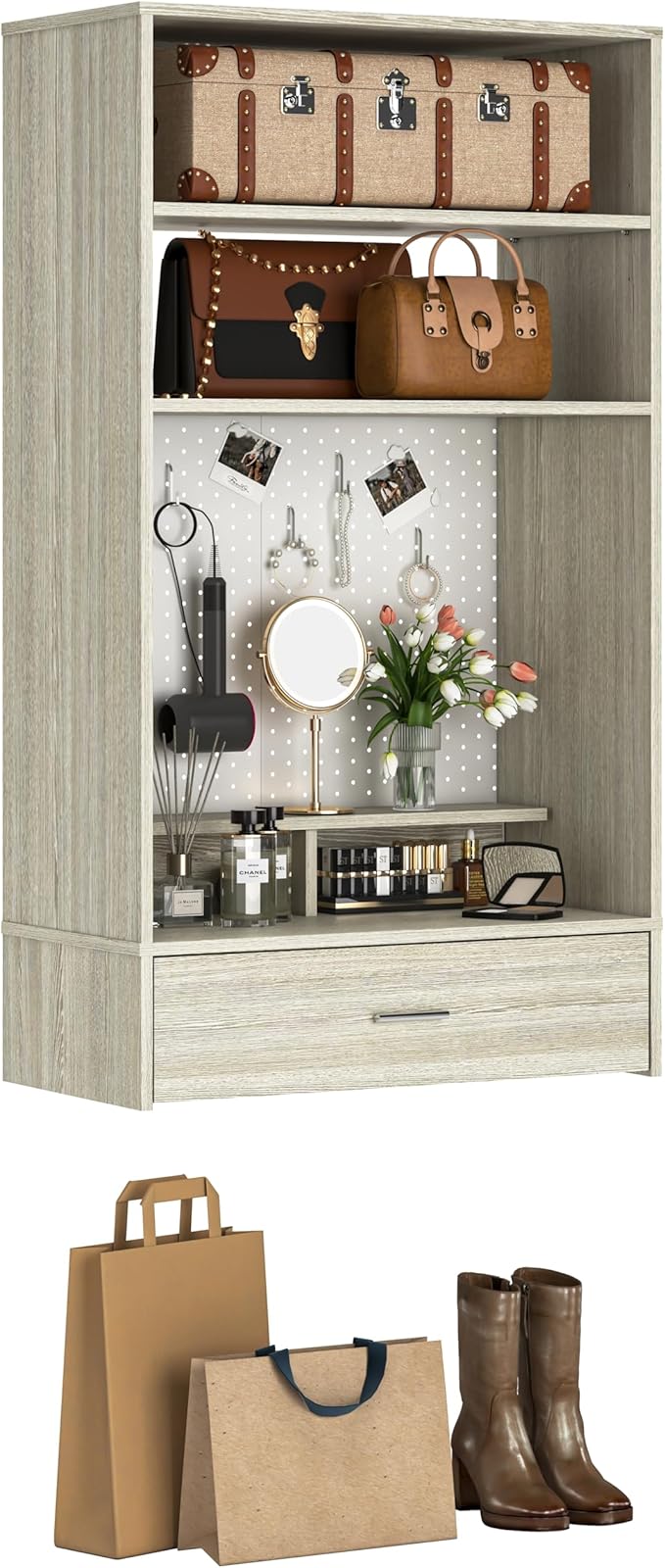 Unikito 24 inch Closet System with Drawers and Magnetic Pegboard, Wall Mounted Closet Organizer with Vanity Storage Shelves, Multipurpose Vanity Desk for Bedroom, Mudroom, and Entryway, White Oak