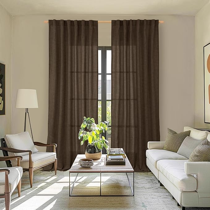 YoungsTex Brown Linen Curtains 84 Inch Length for Living Room, Chocolate Semi Sheer Drapes with Back Tab Rod Pocket Light Filteringfor Bedroom Dining Farmhouse, 2 Panel, 52 X 84 Inch