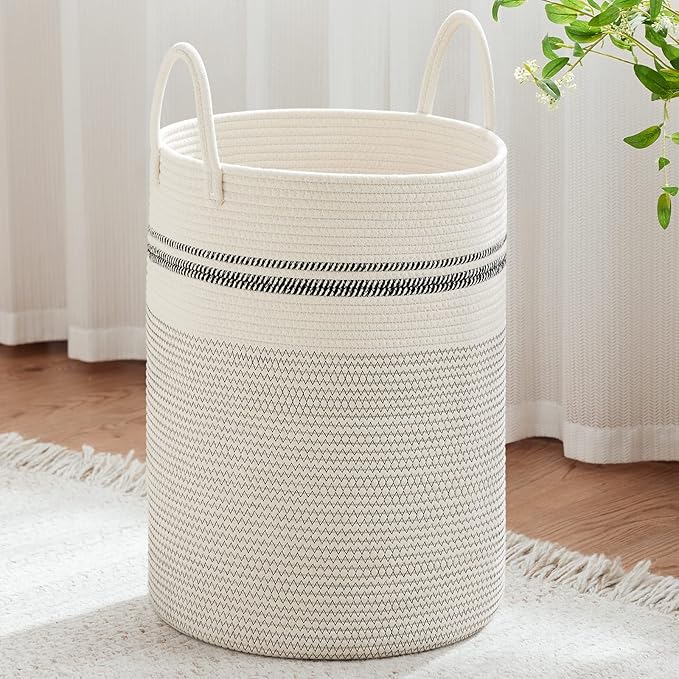 VIPOSCO Large Laundry Hamper, Tall Woven Rope Storage Basket for Blanket, Toys, Dirty Clothes in Living Room, Bathroom, Bedroom - 100L Stripe White