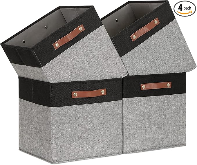 Temary 13 x 13 Storage Cubes Foldable Storage Cubes 4 Pack Canvas Storage Bin for Home, Square Storage Baskets with Leather Handles (Black&Grey)