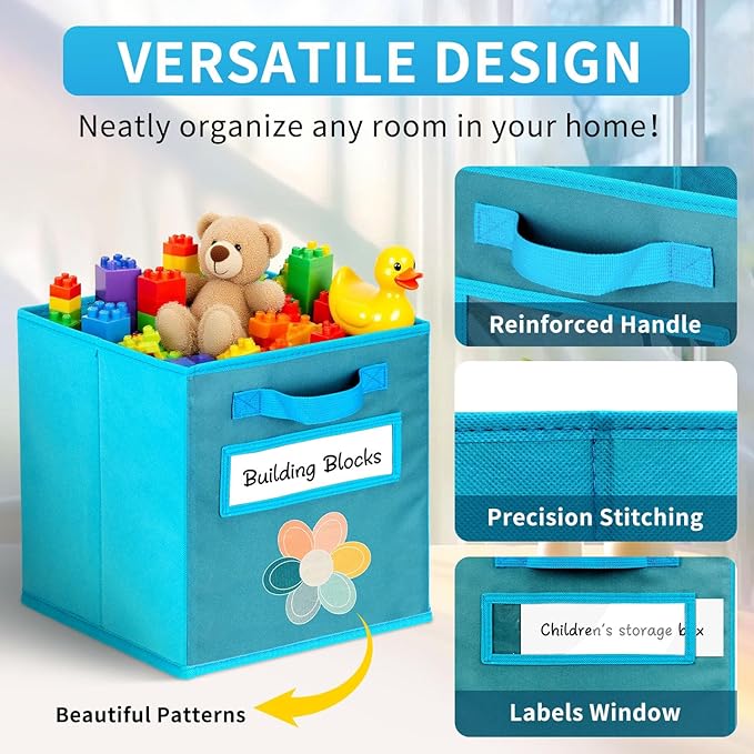 Cube Storage Bins, 6 Pack 11 Inch Fabric Storage Bins with Handle and Label Window, Foldable Storage Cubes, Colorful Fabric Bins for Kids Room, Classroom Organization and Storage, Clothes, Toys