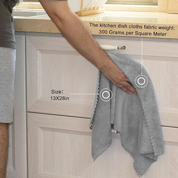 kimteny Kitchen Cloth Dish Towels, 13x28 Inches Premium Dishcloths, Super Absorbent Coral Velvet Microfiber Cleaning Cloths, Fast Drying Rags for Washing Dishes (13x28-6 Pack, Grey)