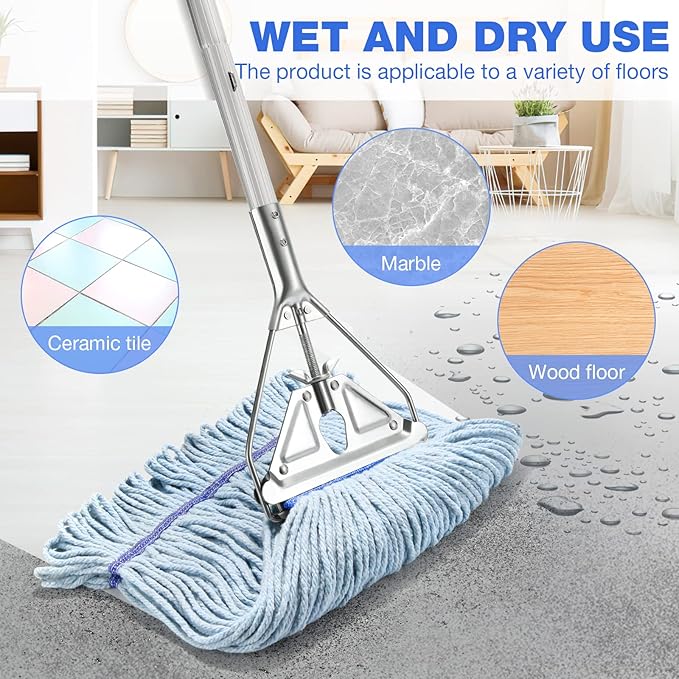 String Mop Heavy Duty for Floor Cleaning- Industrial Commercial Wet Mop with 59inch Mop Handle for Home Garage Office Workshop Warehouse Floor Cleaning