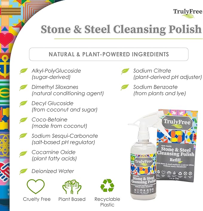 Truly Free Stone & Steel Cleansing Polish Starter Kit - Quartz, Marble, Granite, Stone Countertop, Oven, Stainless Steel Cleaner - 16oz Spray Bottle, 2 Refills (4oz) No Harmful Ingredients