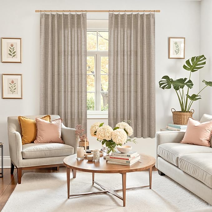 YoungsTex Oatmeal Linen Semi Sheer Curtains 63 Inch Length for Living Room, Light Filtering Window Drapes with Back Tab for Bedroom, 2 Panels, 40 X 63 Inch