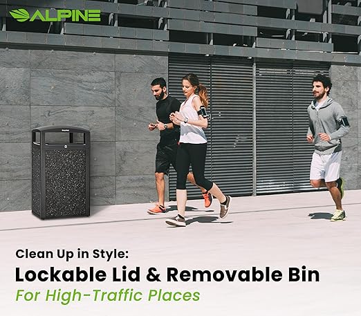 Alpine Outdoor Commercial Trash Can with Lid - 40 Gallon Heavy Duty Metal Garbage Can with Removable Bin, Locking Lid for a Modern Look in Park, Mall & High Traffic Areas - Black, Grey Stone Panels