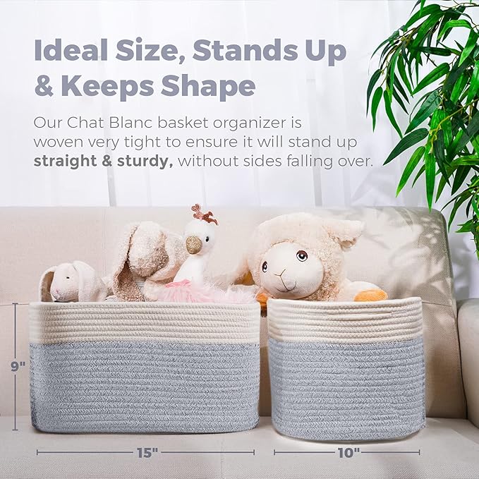 CHAT BLANC Cotton Rope Baskets for Organizing | Storage Baskets for Shelves | Rope Basket for Storage, Small Laundry Baskets, Woven Baskets for Storage, Dog Toy Bin, Baby Basket,Off White &Gray 3 Pack