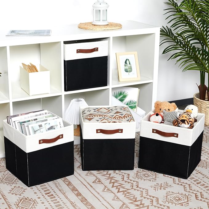 DULLEMELO Fabric Storage Bins for Shelves, Cube Storage Organizer Bins with PU Handles, Set of 4 Decorative Collapsible Storage Bins for Cube Storage,White&Black
