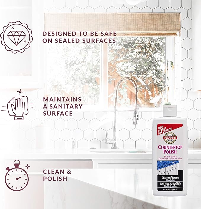 HOPE'S Countertop Restoration Polish, Streak-Free Kitchen Counter Cleaner, No Buildup on Countertops, Quartz, Marble, Corian, Composite, and Granite Polish, 8 Fl Oz, Pack of 4