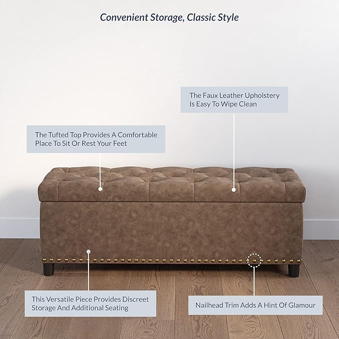 BELLEZE 47" Storage Ottoman, Storage Bench with Safety Close Hinge, Faux Leather Button-Tufted Ottoman for Living Room, Entryway, Hallway, Foot Rest, Support 300lbs - Rustic Brown