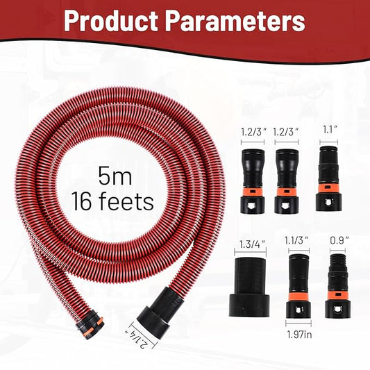 Klabb 16 Feet Dust Collection Hose Kit for Home and Shop Vacuums System with 6 Adapters of Woodworking Power Tool and Sander,Compatible with Multi-Brands Power Tool Adapter Set for Dust Collection