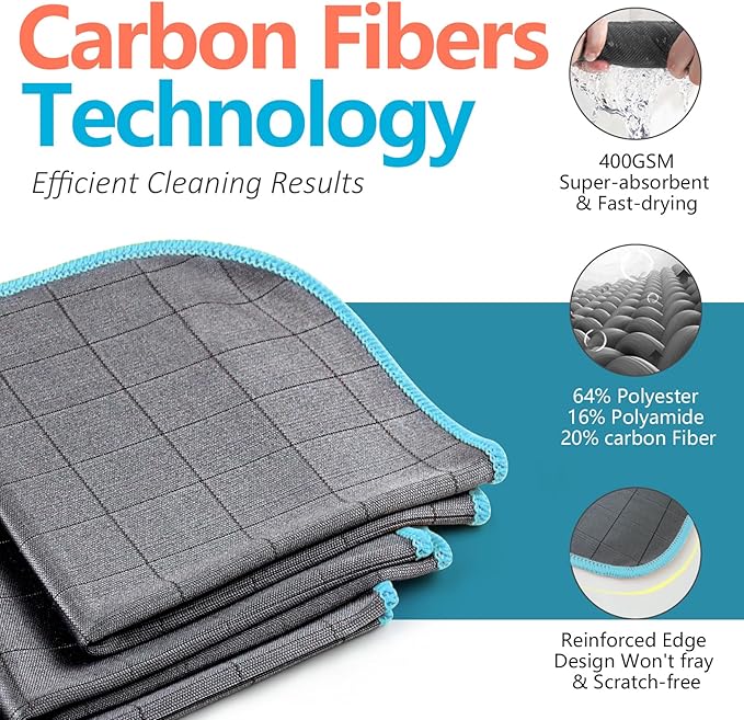 Airlab Carbon Microfiber Towels for Car Glass Window Polishing Cleaning Cloth Auto Detailing Lint Free Streak Free Drying Car Wash Towel, Pack of 3, 12" x 12", Grey-Blue