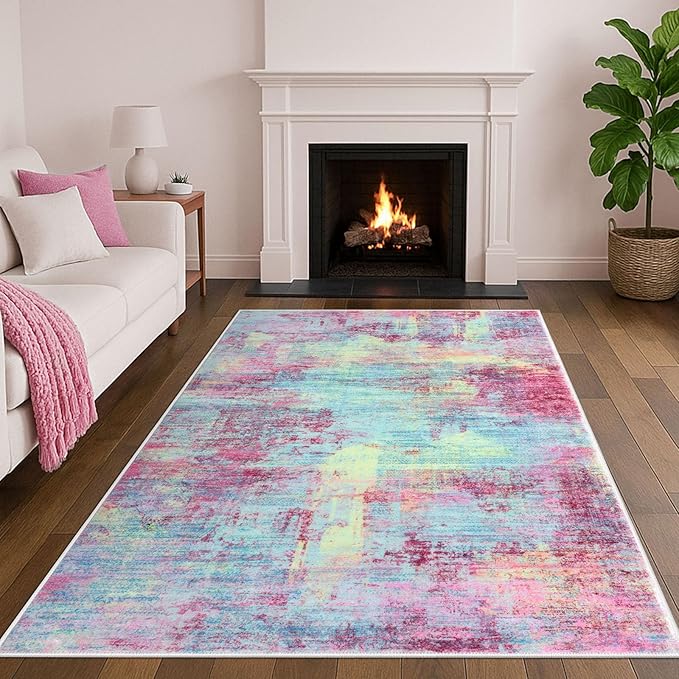 IOHOUZE Abstract Area Rugs 5x7 Ft Washable Rugs for Living Room, Non Slip Dining Room Rug, Printed Faux Wool Rugs for Bedroom, Floor Carpet for Office Nursery Playroom, Pink Teal