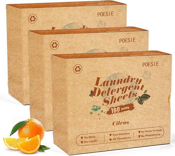 Poesie Laundry Detergent Sheets Citrus Scent 3 Pack 480 Sheets 240 Loads Zero Plastic Portable Green Package Liquid Less HE Washing Detergent Strips for Save Place Traveling