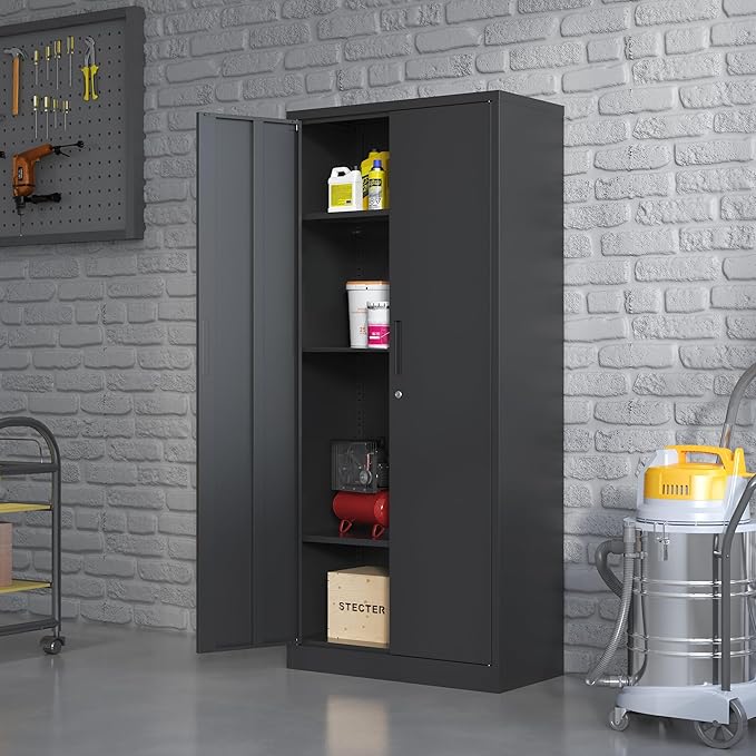 Metal Storage Cabinet with Adjustable Shelves, Garage Tool Cabinet with 2 Lockable Doors for Office, Home, Garage, Require Assembly, Black