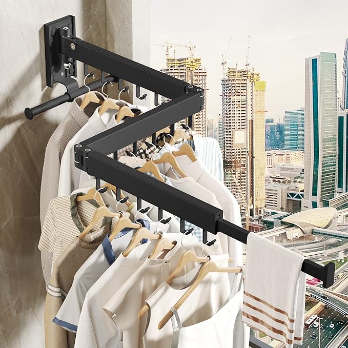 Drying Rack Clothing, Retractable Clothes Drying Rack,Wall Mounted Laundry Rack, Laundry Drying Rack Wall Mount,Collapsible Clothes Rack,can Fold Upward & Left & Right,Black Color