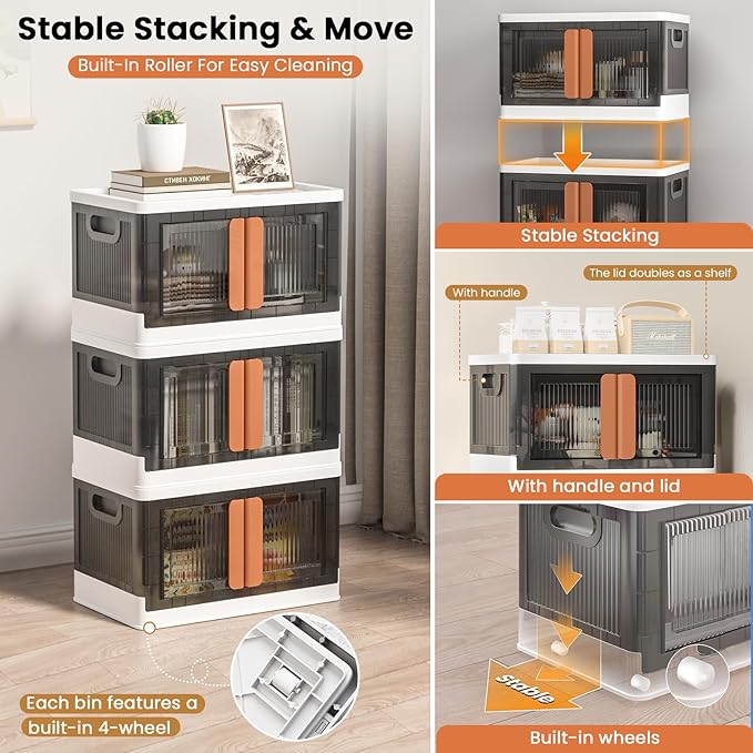 8.4Gal Collapsible Storage Bins with Lids & Wheels - 2 Pack Stackable with Doors, Heavy-Duty Plastic Containers for Home/Office, White