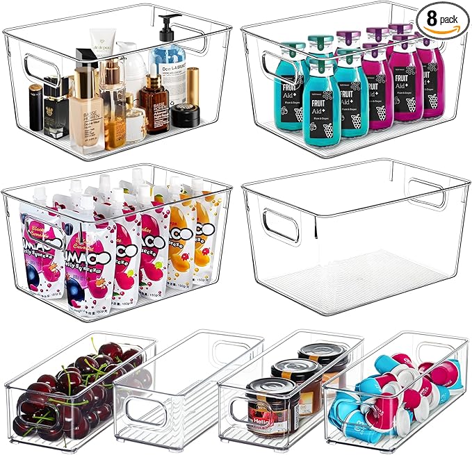 Set Of 8 Clear Pantry Organizers Bin, 4 Large and 4 Small Stackable Organizing Bins for Pantry, Kitchen and Cabinet Organizer