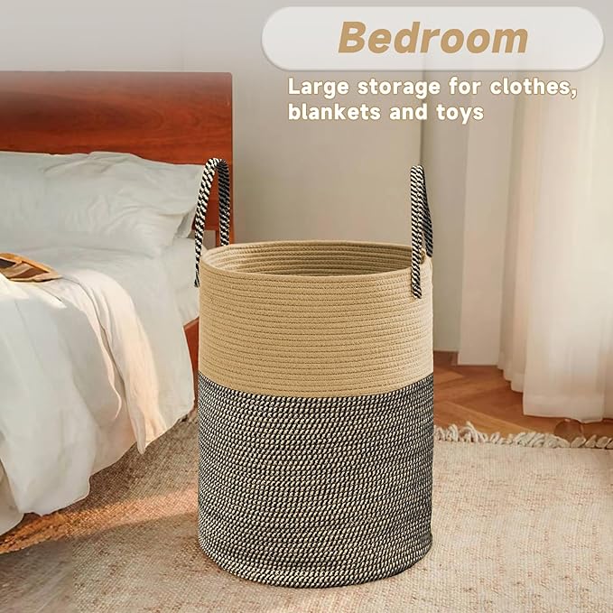 Large Woven Laundry Basket Hamper,80L Cotton Rope Storage Bin for Blankets,Toys and Clothes,Decorative Tall Nursery Hamper for Living Room,Baby Nursery,Bathroom and Bedroom,Brown and Black