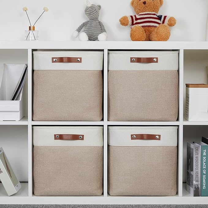 DULLEMELO Fabric Storage Cubes,13 inch Cube Stroage Bins for Empty Gift Basket,Toy Nursery Storage Linen Closet Organizers and Storage Baskets Shelves Bins(White&Khaki)