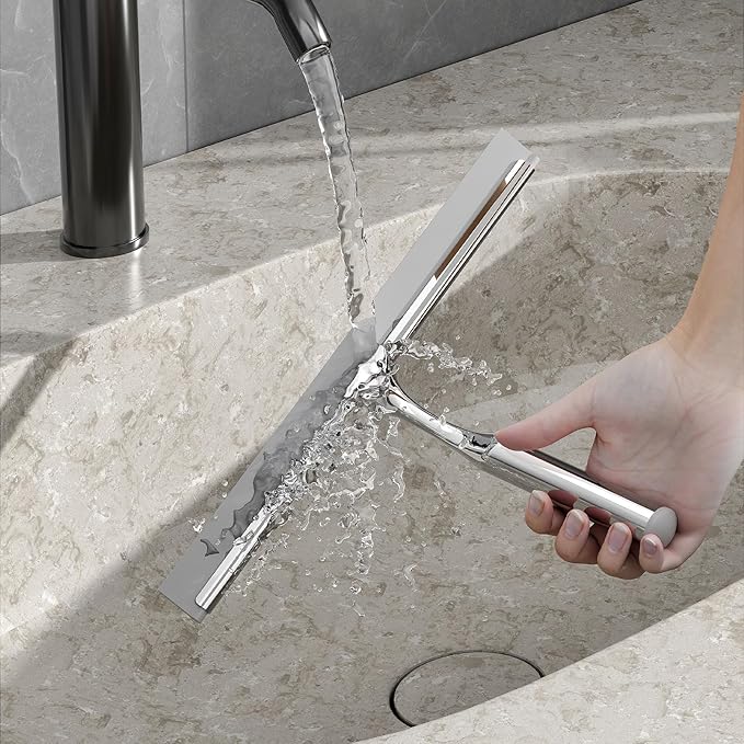 Shower Squeegee for Glass Doors, Stainless Steel Shower Squeegee for Bathroom, Window and Tiles, All-Purpose Squeegee with Adhesive Hook-10”, Chrome