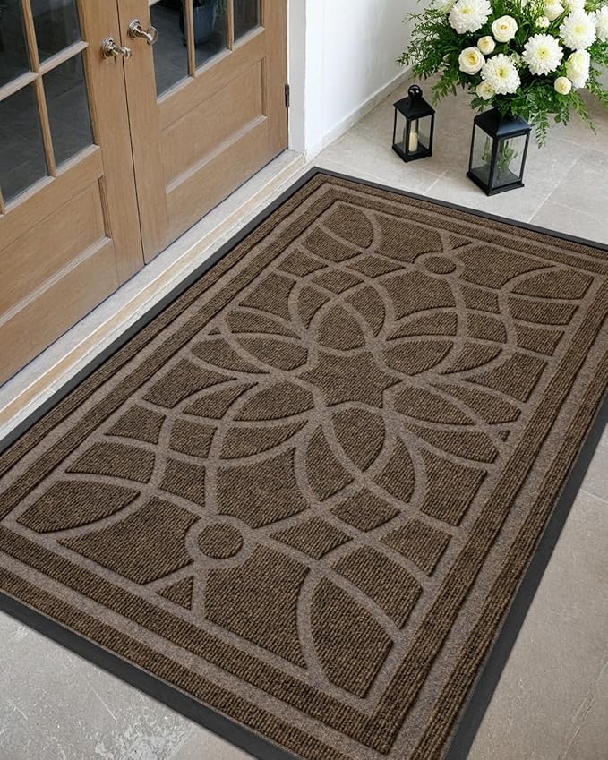 DEXI Front Door Mat Outside Entrance, Heavy Duty Non Slip Low Profile Doormat for Entryway, Trap Dirt and Moisture Welcome Mats, Easy Clean, Patio, Garage, 5x3, Brown