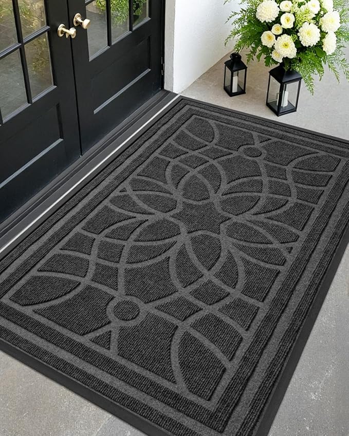 DEXI Front Door Mat Outside Entrance, Heavy Duty Non Slip Low Profile Doormat for Entryway, Trap Dirt and Moisture Welcome Mats, Easy Clean, Patio, Garage, 6x4, Grey