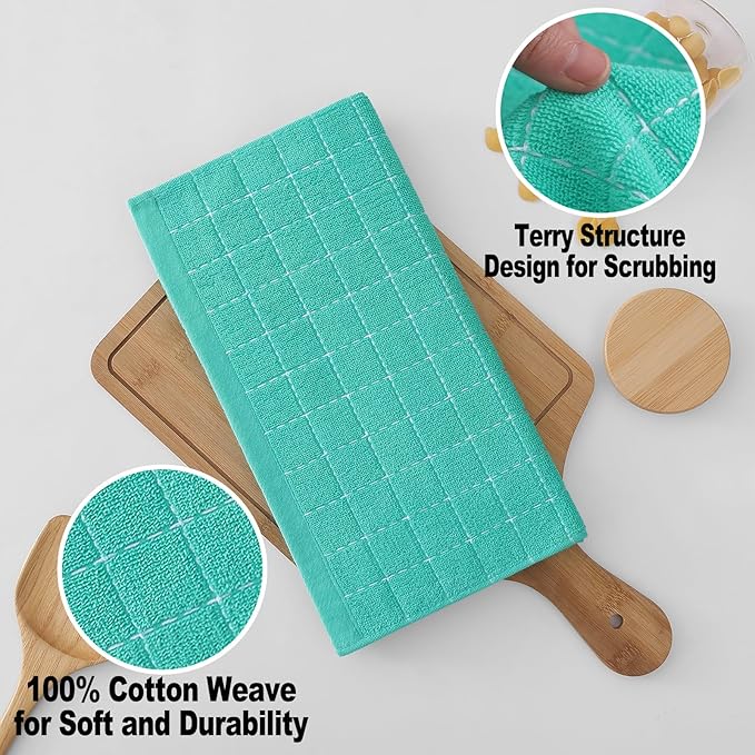 Homaxy 100% Cotton Terry Kitchen Dish Cloths, Ultra Soft and Absorbent Dish Towels for Kitchen, Suitable for Drying and Washing Dishes, 12 Pack, 12 x 12 Inches, Turquoise