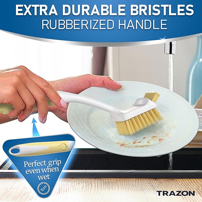 Dish Brush Set of 5 with Holder - Kitchen Scrub Brushes with Non-Slip Long Handle for Cleaning, Scrubber, Dishwashing, Dishes, Bottles, Straws, Cups, Pots & Sink, Baige