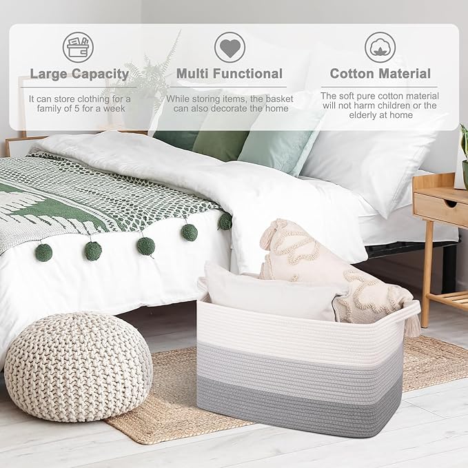OIAHOMY Rectangle Woven Storage Basket - Nursery Cotton Rope Baskets for Storage, Toy Basket Organizing for Living Room, 17.7"x13.8"x11"- Pack of 3 - Gradient Gray