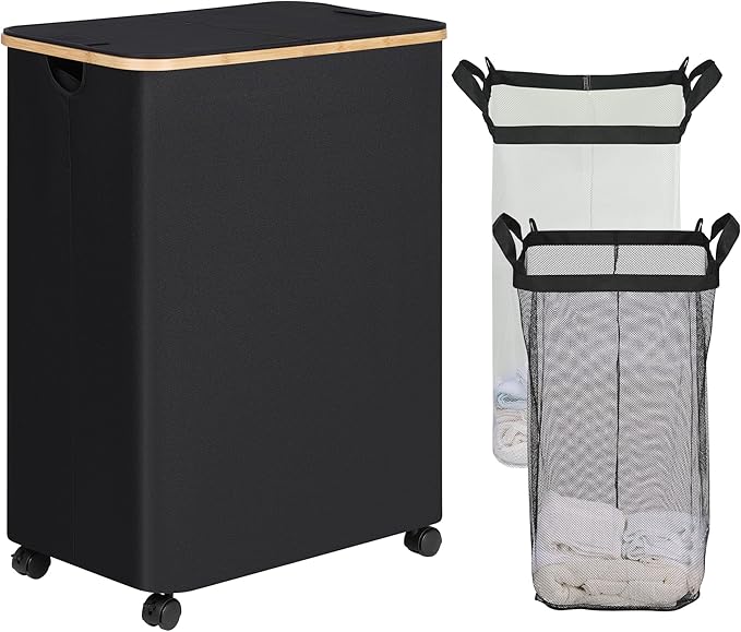 efluky Double Laundry Hamper with Wheels, Divided Laundry Hamper with Removable Bags, 2 Section Dirty Clothes Basket with Handles for Bathroom, Bedroom & Laundry Room, 160L Dark Black