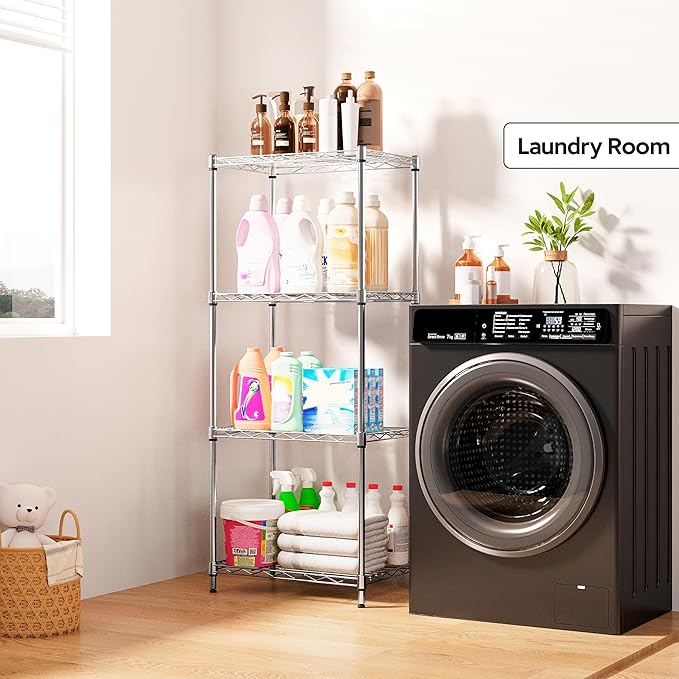 4 Tiers Shelf Metal Storage Shelves Wire Rack Closet Organizers with Wheel for Garage Kitchen Bathroom Laundry Chrome 11.8" D x 17.7" W x 41.9" H