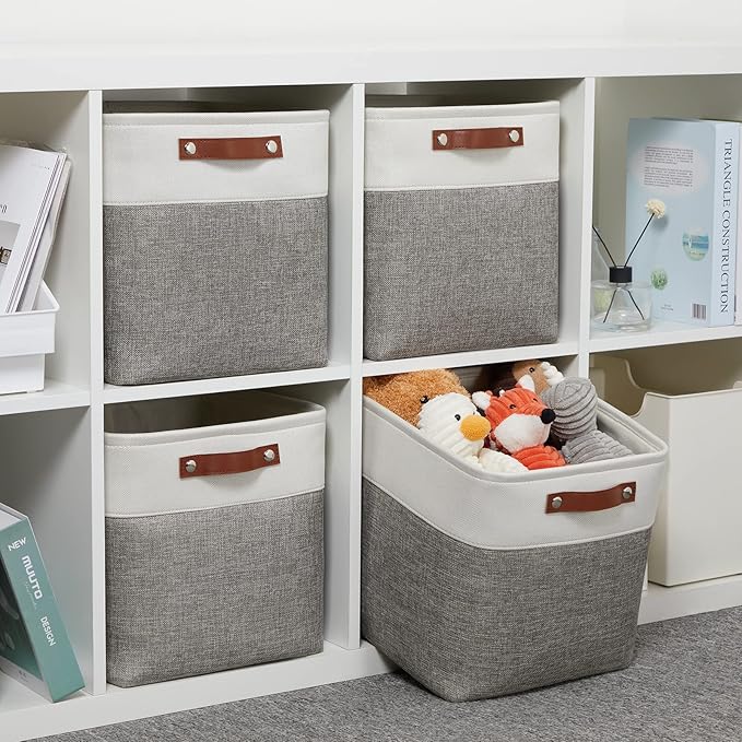 DULLEMELO [Set of 4 Storage Cubes Baskets for Organizing, 12 x 12 x 12 inch Cube Storage Organizer Bins with Leather Handles, Foldable Fabric Cloth Bins for Cube Storage(4 Pack - 12" White&Grey)