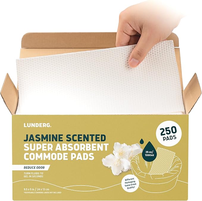 Lunderg Jasmine Scented Super Absorbent Commode Pads - Medical Grade Value Pack 250 Count - for Disposable Bedside Commode Liners, Adult Chairs, Portable Buckets & Camping Toilet Bags - Light Scent