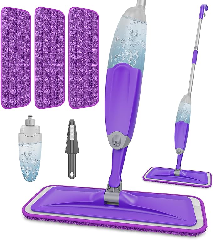 HOMTOYOU Spray Mops for Floor Cleaning: Wet Mop for Hardwood Tile Wood Laminate Vinyl - 3 Washable Microfiber Pads for Swiffer Powermop - Absorbs Pet Hair Dust