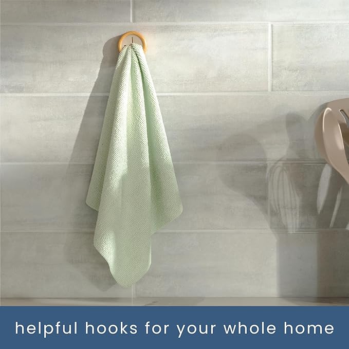S&T INC. Round Adhesive Push Towel Hooks for Kitchen, Hand and Dish Towels, Plastic, Bamboo, 4 Pack