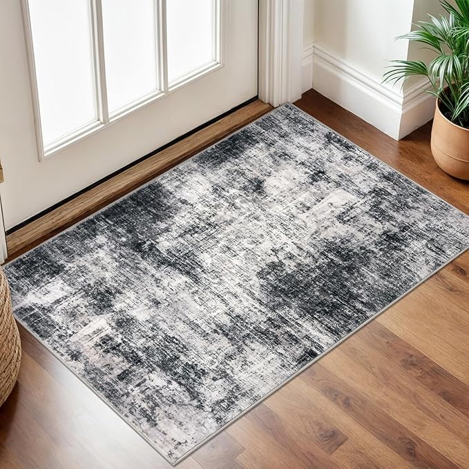 IOHOUZE Small Abstract Area Rug 2x3 Ft Entryway Rugs Washable Door Mat Indoor Entrance, Rubber Backed Throw Rugs, Printed Faux Wool Non Slip Floor Carpet for Foyer Front Door Sink, Black Grey