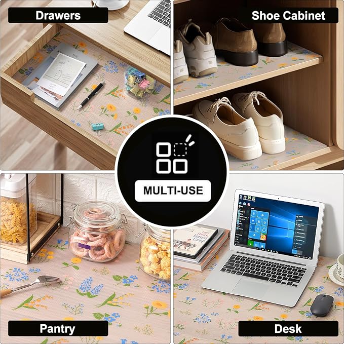 INNOLITES Non-Slip Shelf Liner – Cabinet & Drawer Liner Non-Adhesive – Waterproof Oil-Proof – Durable EVA with Floral for Kitchen Cabinets Refrigerator – BPA-Free, Easy to Cut 11.8" x 236"