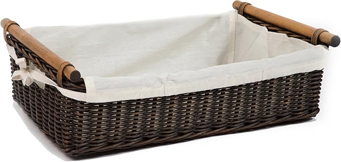 The Basket Lady Low Pole Handle Wicker Storage Basket, Large, 19.5 in L x 12.5 in W x 6 in H, Antique Walnut Brown
