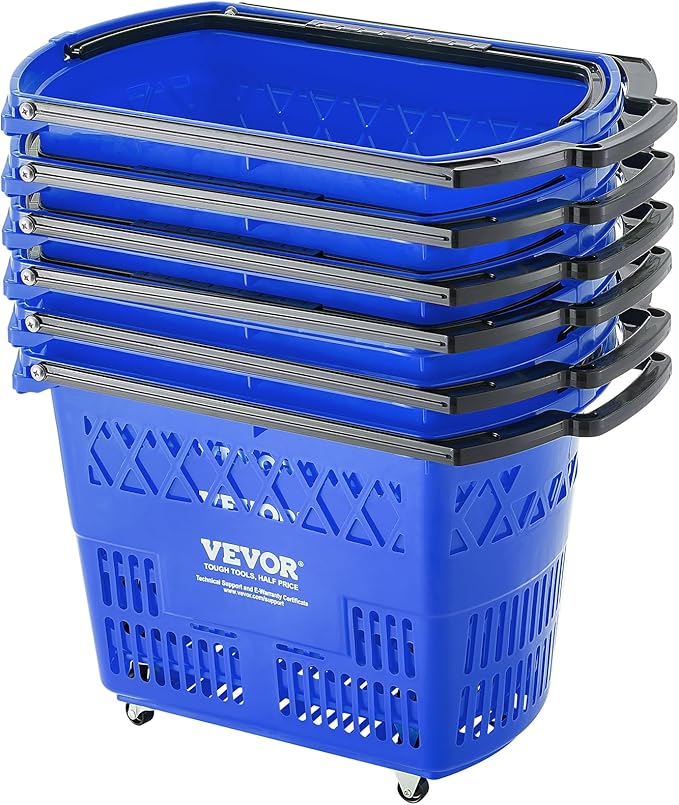 VEVOR Shopping Carts with Handles, 6PCS, 39L Plastic Rolling Shopping Basket with Wheels, Large Portable Shopping Basket Set for Supermarkets, Retail Stores, Grocery Shopping, Blue