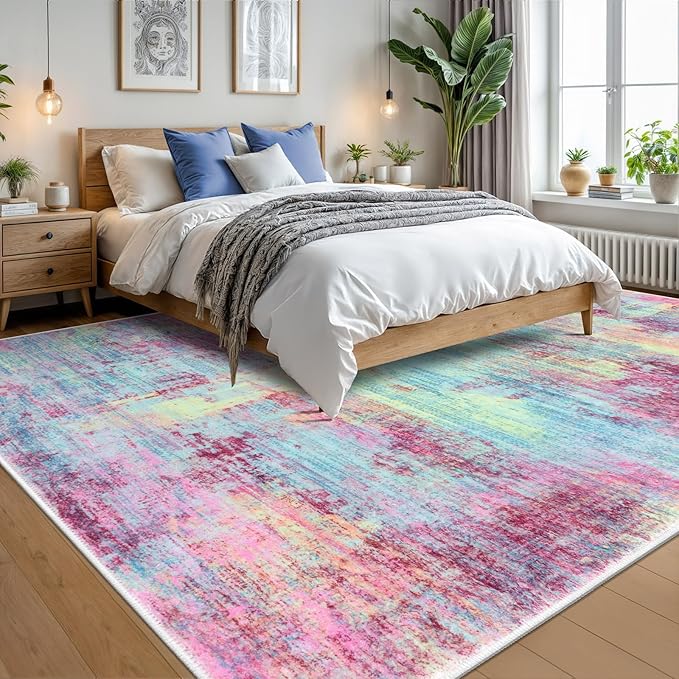 IOHOUZE Abstract Area Rugs 9x12 Ft Washable Large Rugs for Living Room, Non Slip Dining Room Rug, Printed Faux Wool Rugs for Bedroom, Floor Carpet for Office Nursery Playroom, Pink Teal